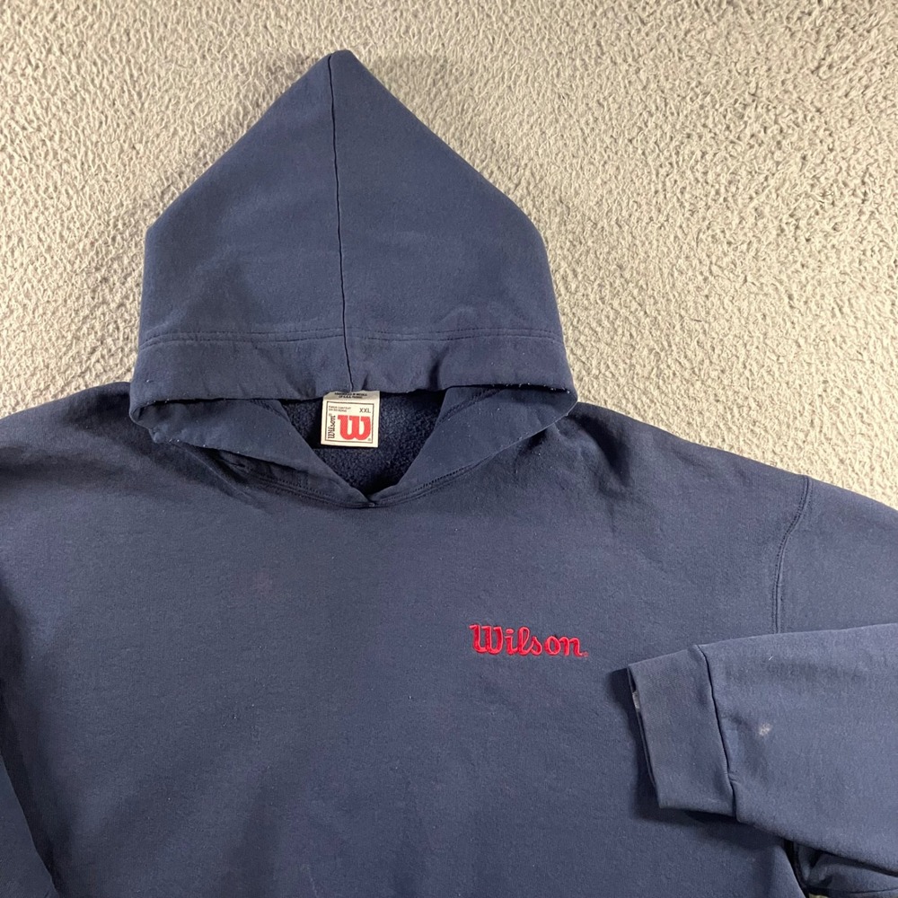 VTG 90s Wilson Embroidered Script Logo Hoodie XXL Blue Distressed Baggy USA Made